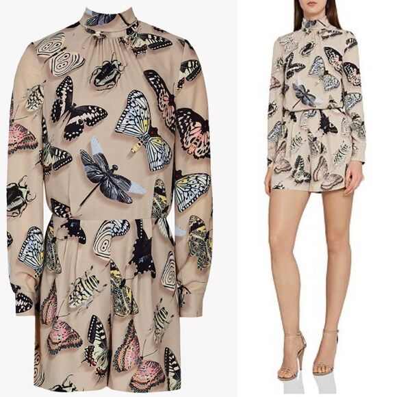 Reiss Gail Butterfly-Print high neck tie Romper beige multicoloured Sz 10 NWOT - Picture 16 of 16